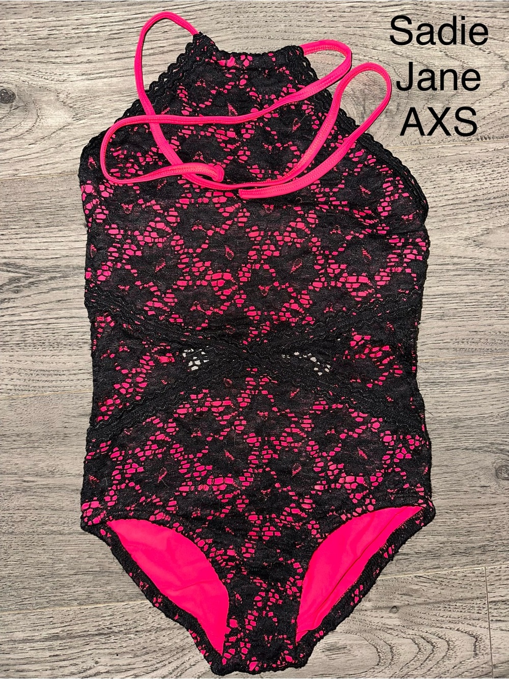 Brand Sadie Jane Girls' Black Lace One-Piece leotard with Hot Pink Lining